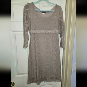VENUS Taupe Floral Lace-Trim Long Sleeve Dress